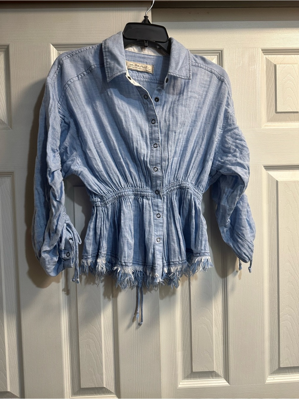 We The Free Light Blue Button-Up Drawstring Peplum Blouse